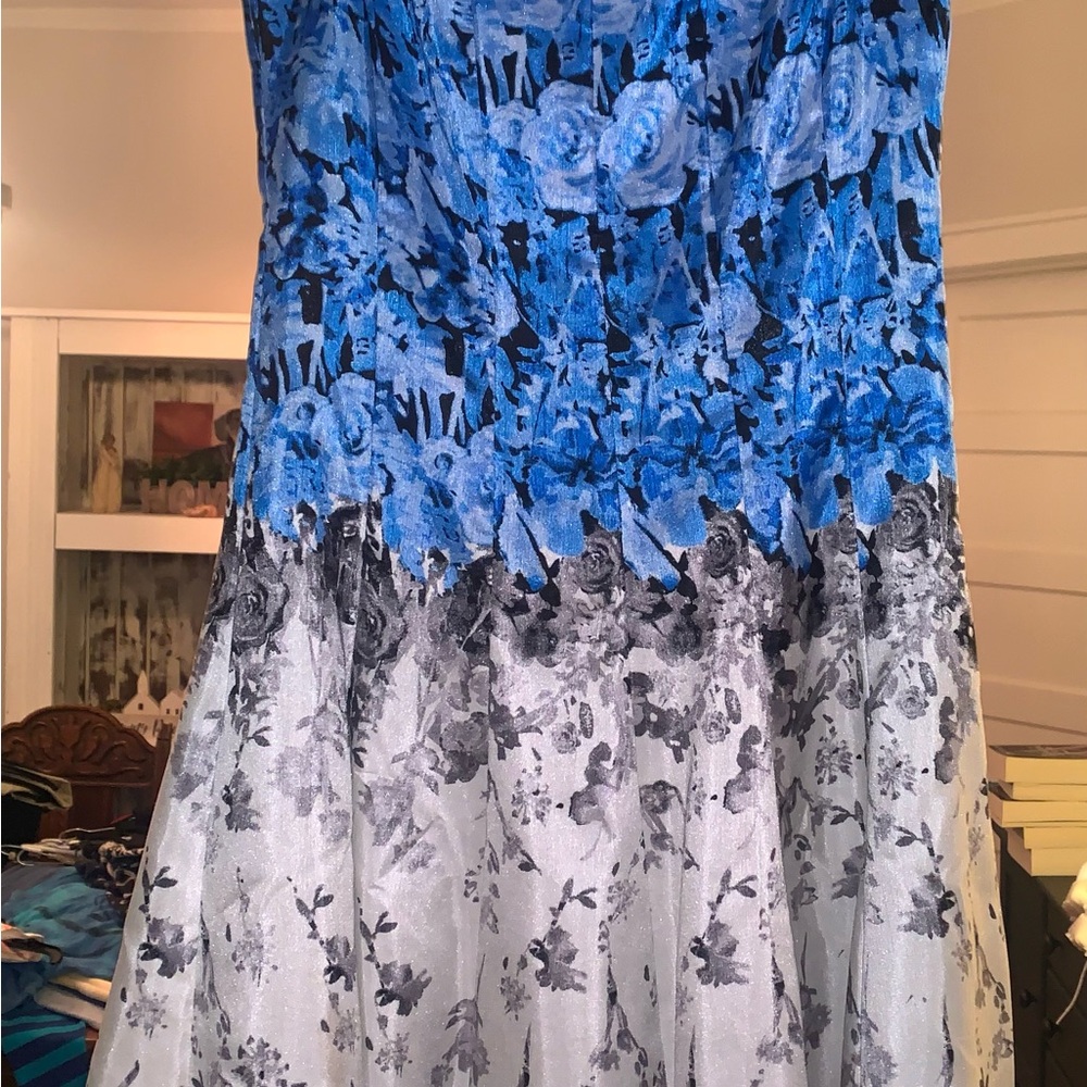 Blue and Gray Smocked Fit and Flare Midi Dress